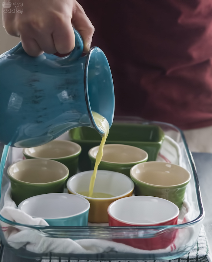 pouring custard in bowls