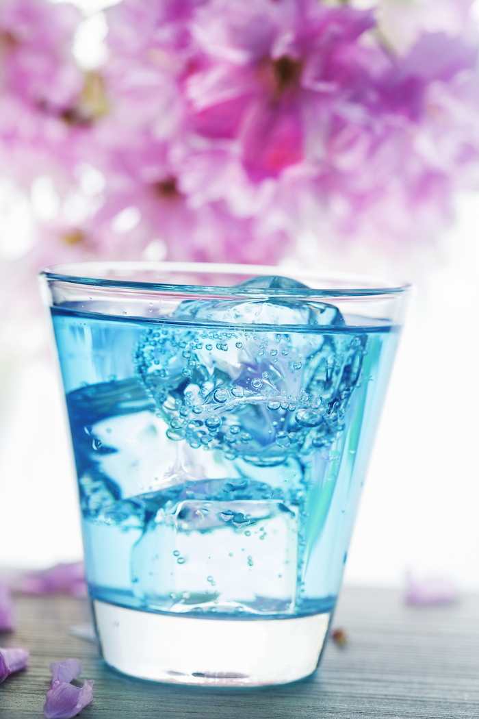 Blue drink with pink flowers