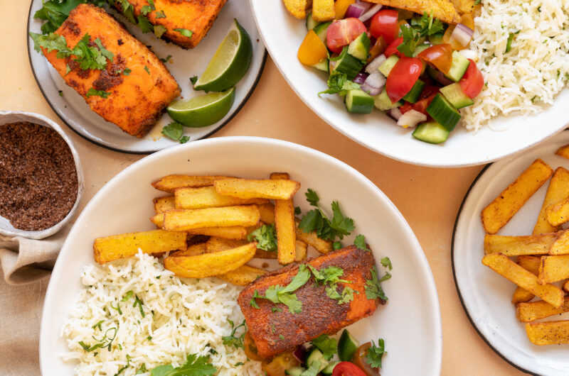 Weeknight Dinner with Salmon, Yogurt Sauce, Cilantro Rice, Cucumber-Tomato Salad